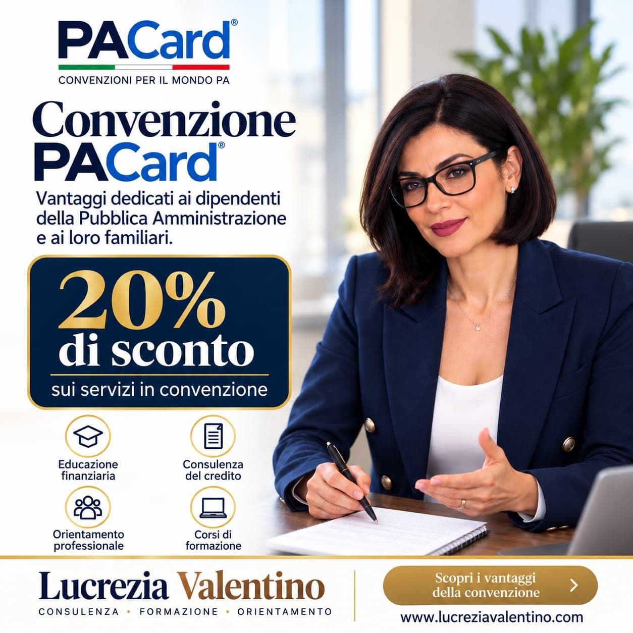 Locandina della convenzione PACard: 20% di sconto sui servizi in convenzione — educazione finanziaria, consulenza del credito, orientamento professionale e corsi di formazione — per i dipendenti della Pubblica Amministrazione e i loro familiari.